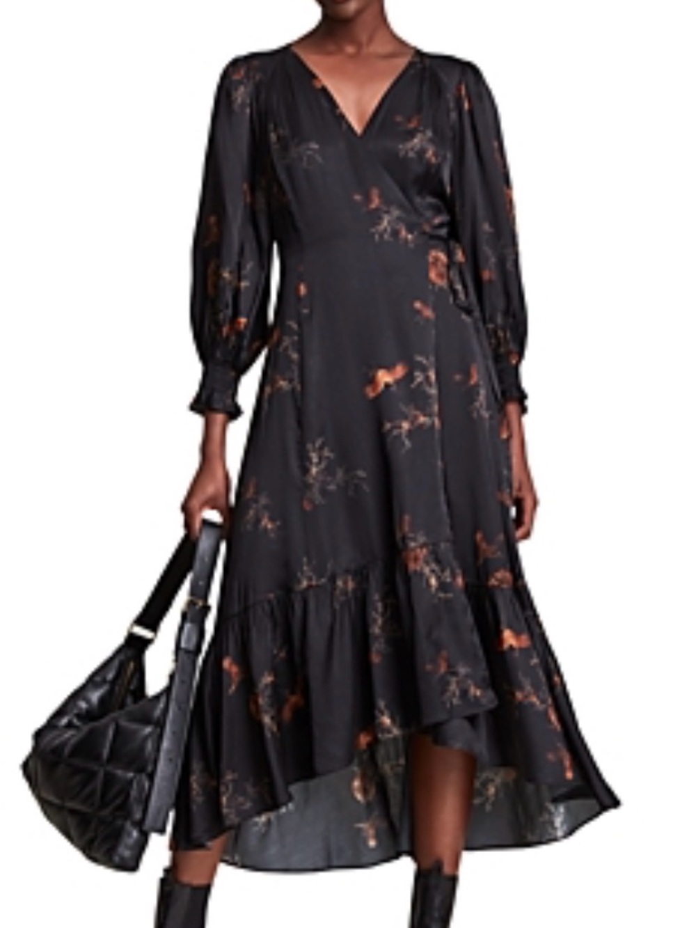 ALL SAINTS ADELAIDE AURORA BLACK WRAP MIDI DRESS BROWN BIRD BRANCHES PRINT SZ 4 - Picture 9 of 9